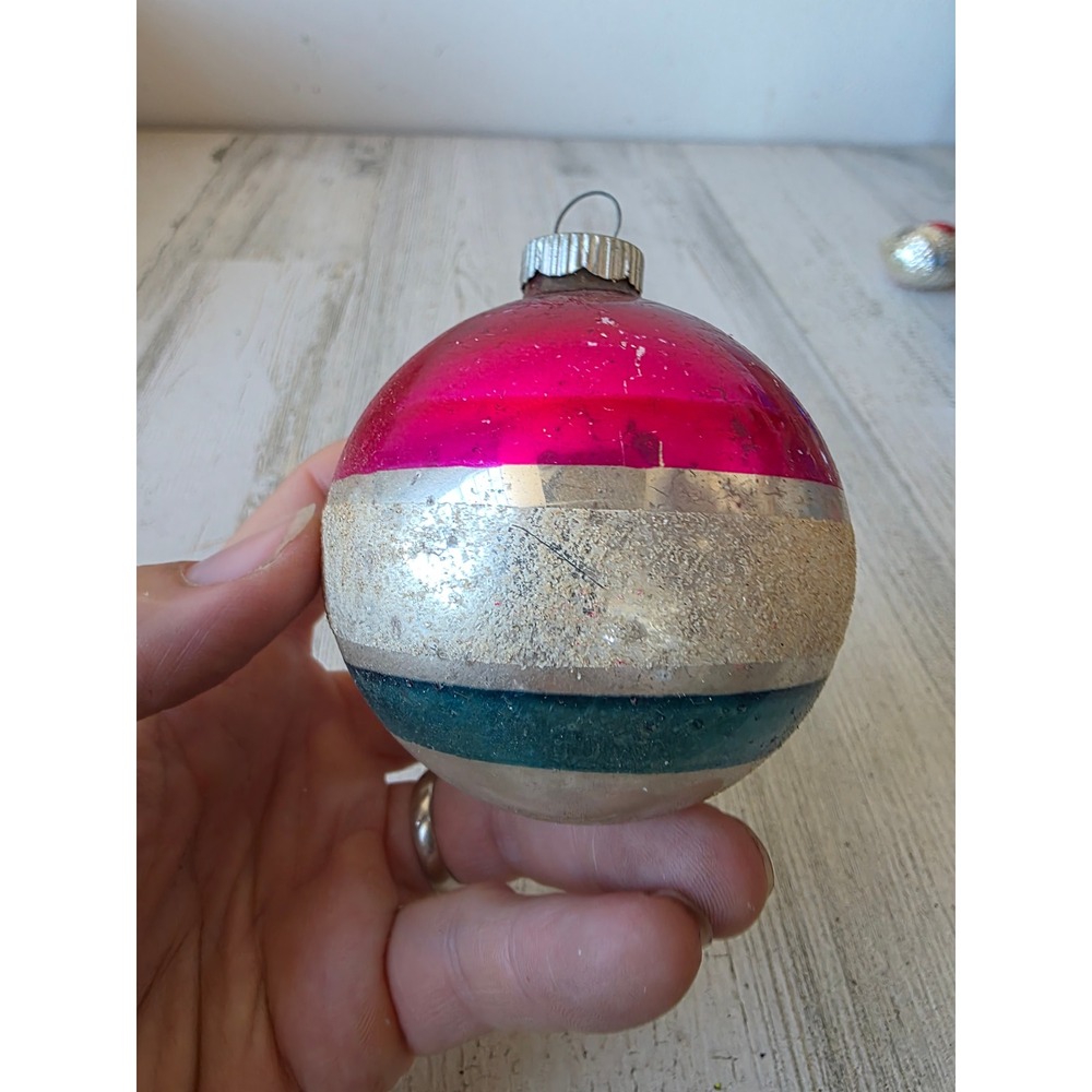 Vintage shiny Brite Mica red white blue striped glass ornament Xmas tree